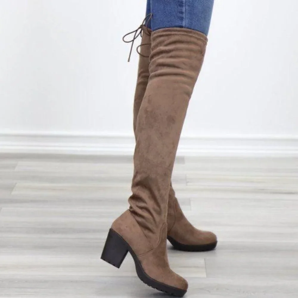Taupe Thigh High Suede Boots Lug Chunky Heel - Picture 6 of 15